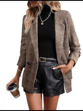 Plaid Double Breasted Blazer Lapel Collar Open Front Work Suit Jacket